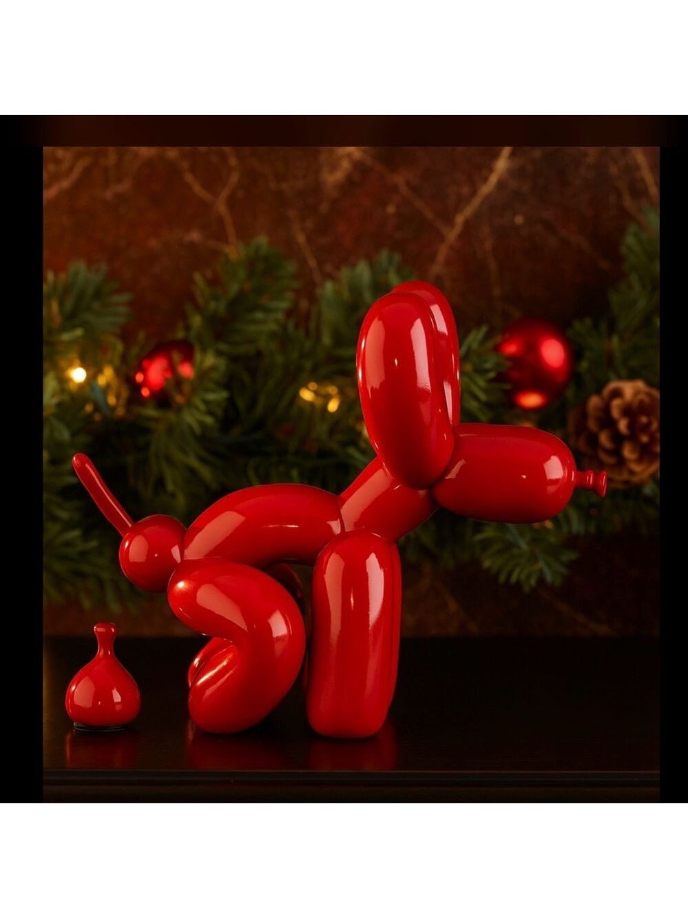 RED BALLOON DOG SCULPTURE FUN NOVELTY SQUATTING DOG STATUE W/ POOP HOLIDAY DECOR
